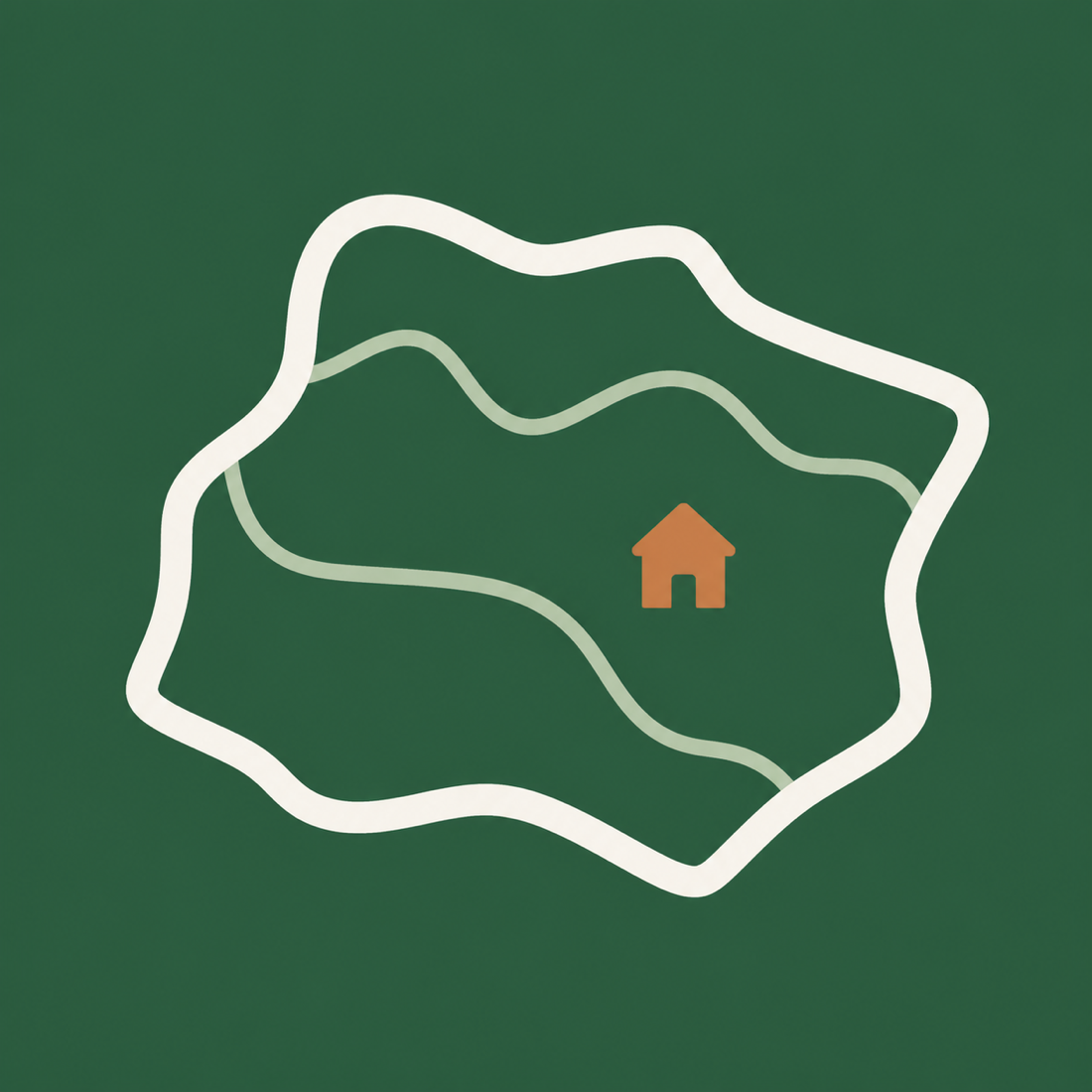 Illustrated homestead map with a property boundary, contour lines, trees, and a home